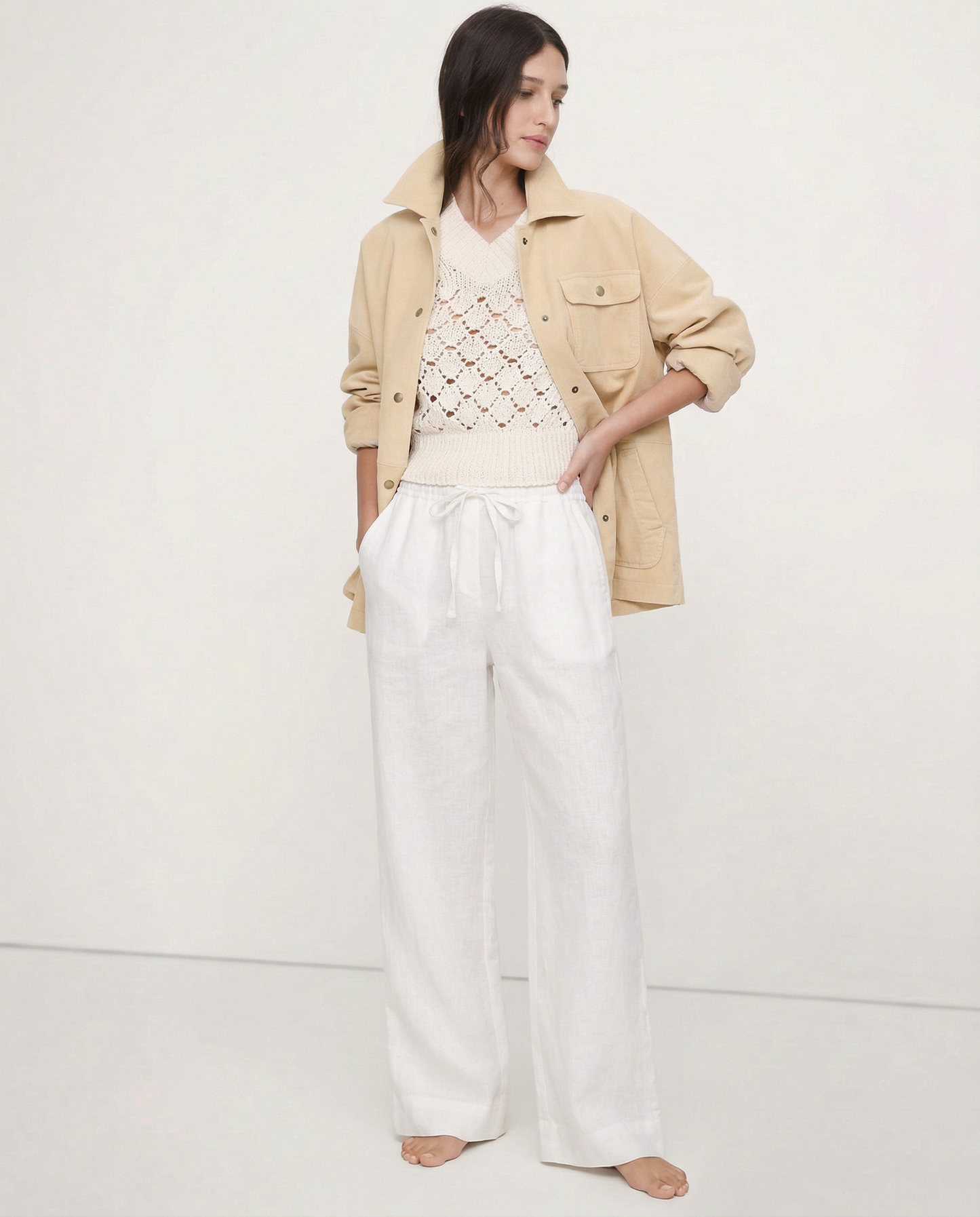 Pantalones Mujer de Lino Pierna Ancha Cintura Elástica Lazo