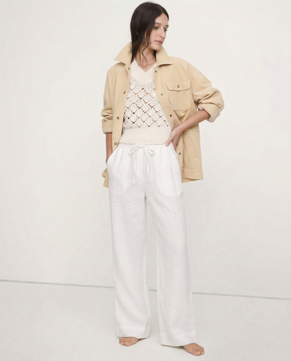 Pantalones Mujer de Lino Pierna Ancha Cintura Elástica Lazo