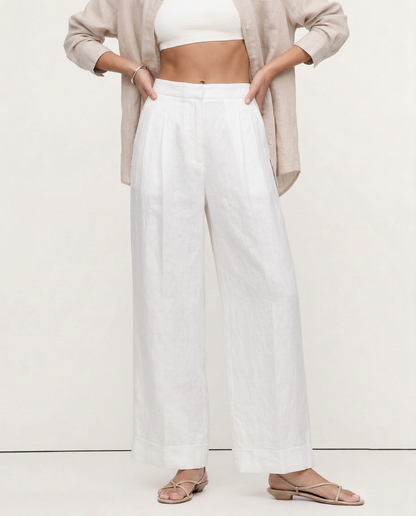 Pantalones Mujer de Lino Pierna Ancha Cintura Alta Elástica