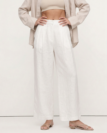 Pantalones Mujer de Lino Pierna Ancha Cintura Alta Elástica