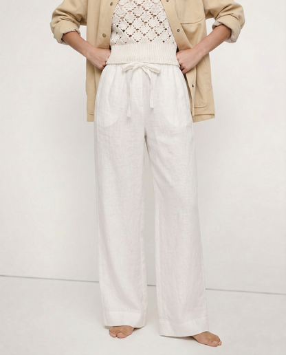 Pantalones Mujer de Lino Pierna Ancha Cintura Elástica Lazo