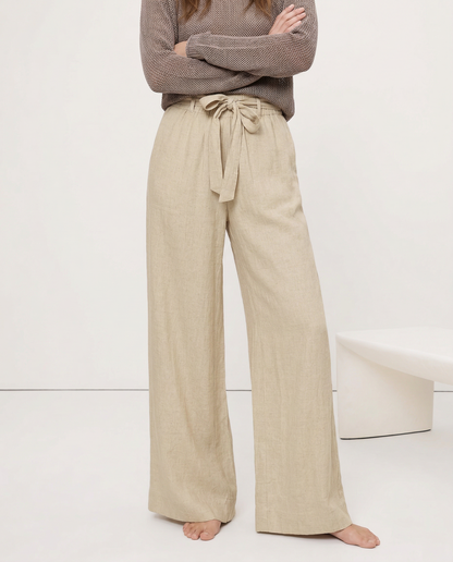 Pantalones Mujer de Lino Pierna Ancha Cintura Elástica Lazo