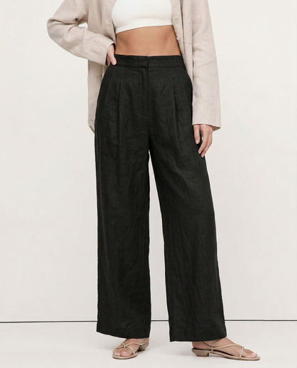 Pantalones Mujer de Lino Pierna Ancha Cintura Alta Elástica