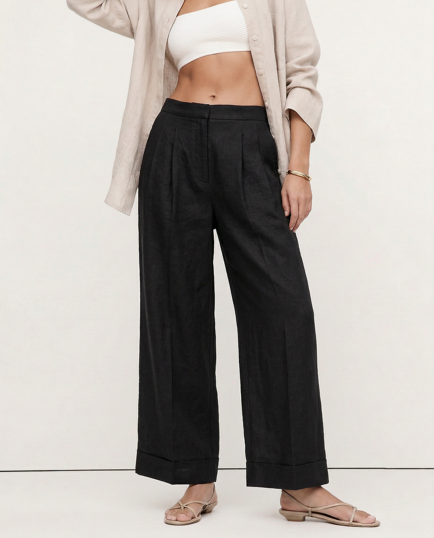 Pantalones Mujer de Lino Pierna Ancha Cintura Alta Elástica