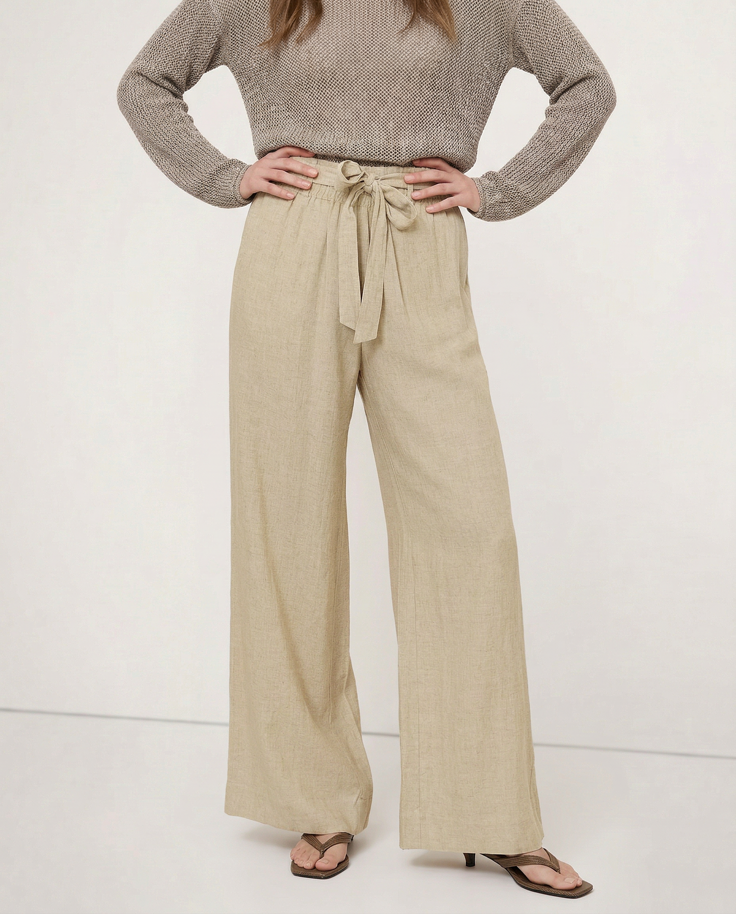 Pantalones Mujer de Lino Pierna Ancha Cintura Elástica Lazo