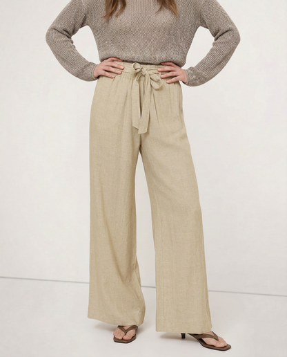 Pantalones Mujer de Lino Pierna Ancha Cintura Elástica Lazo