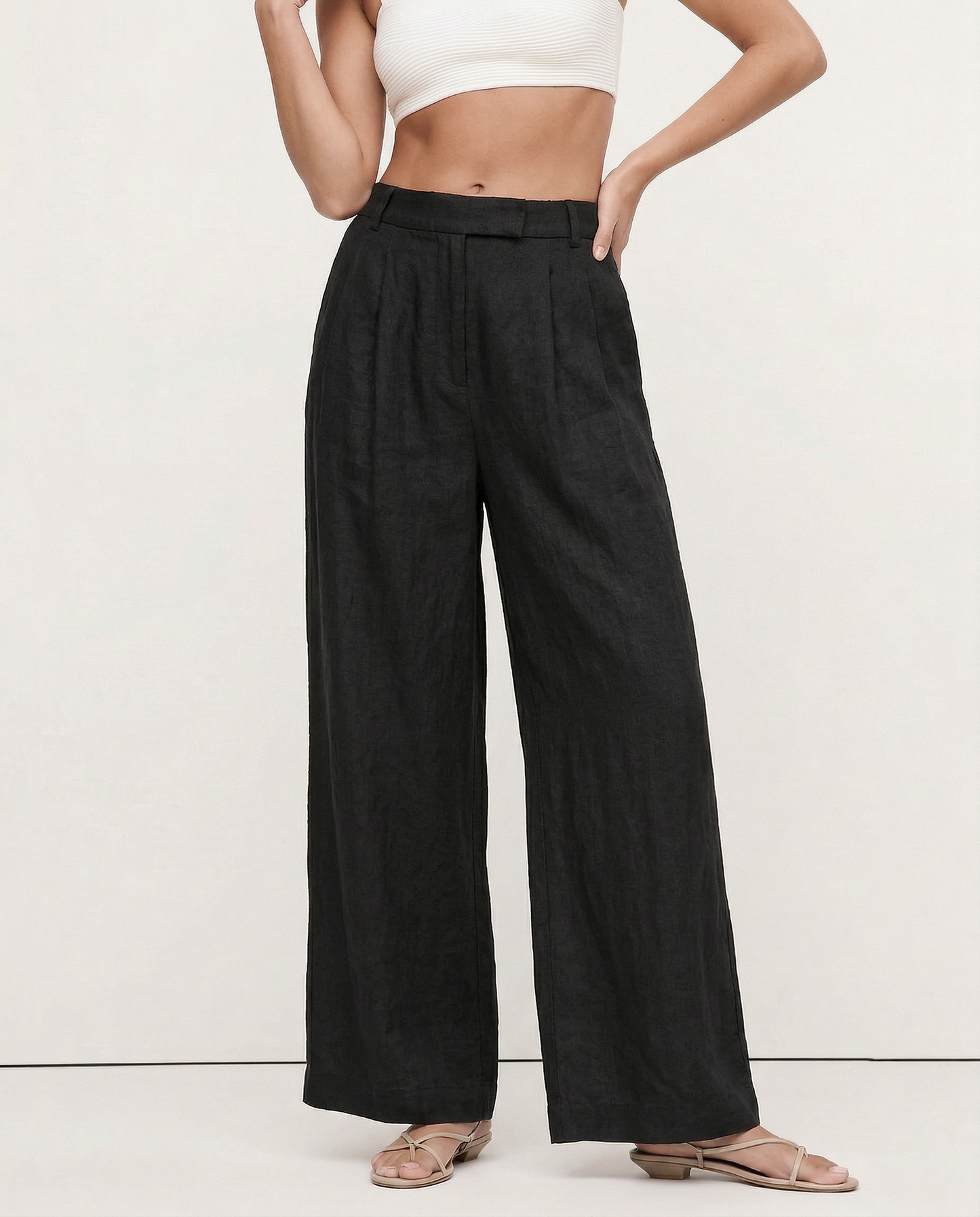 Pantalones Mujer de Lino Pierna Ancha Cintura Alta Elástica