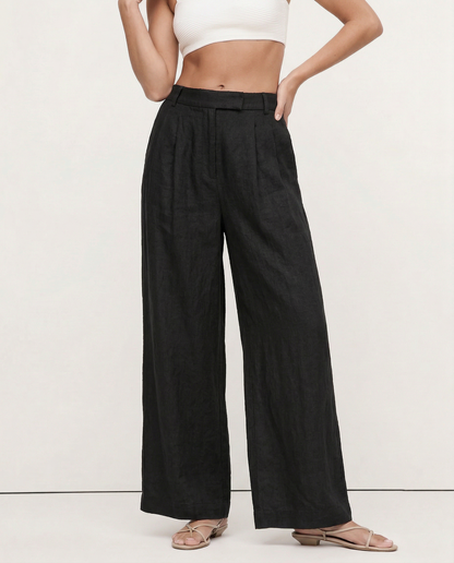 Pantalones Mujer de Lino Pierna Ancha Cintura Alta Elástica