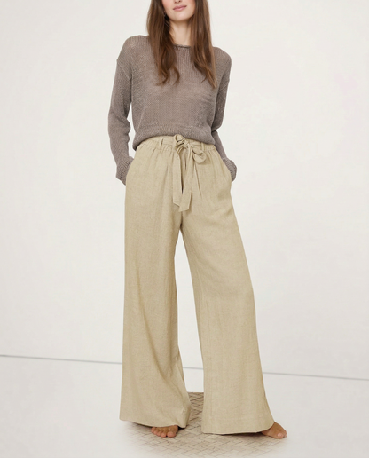 Pantalones Mujer de Lino Pierna Ancha Cintura Elástica Lazo