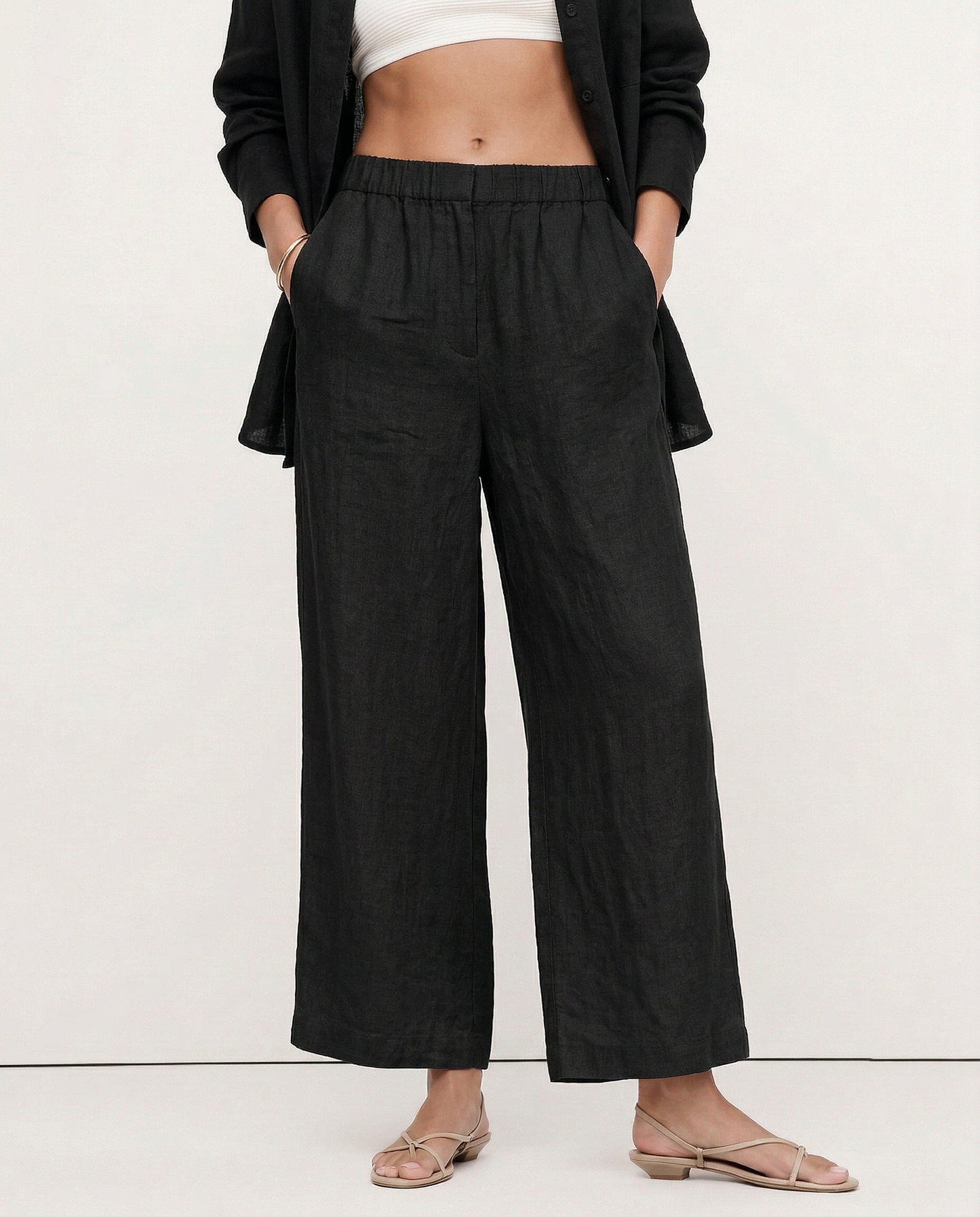 Pantalones Mujer de Lino Pierna Ancha Cintura Alta Elástica