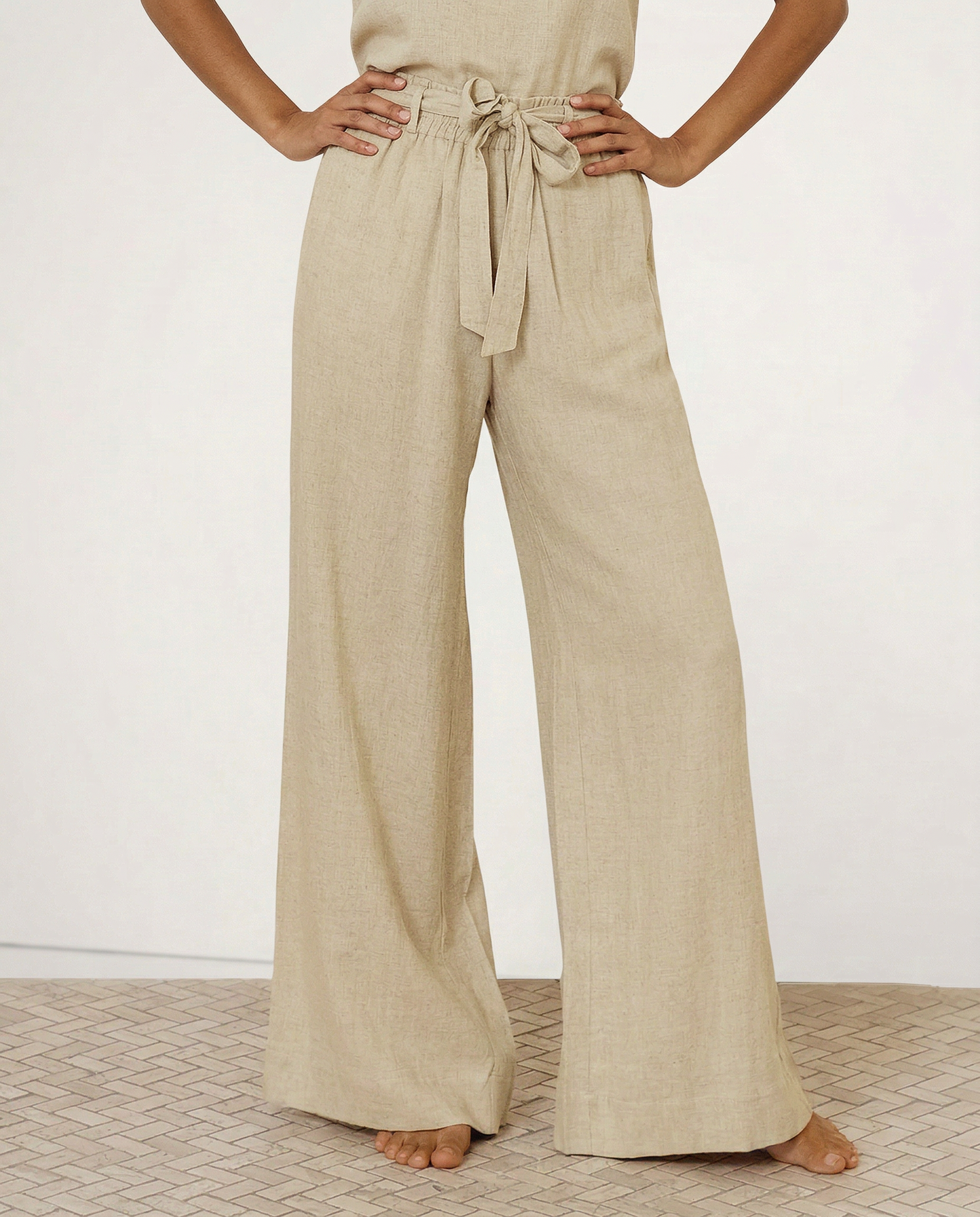 Pantalones Mujer de Lino Pierna Ancha Cintura Elástica Lazo