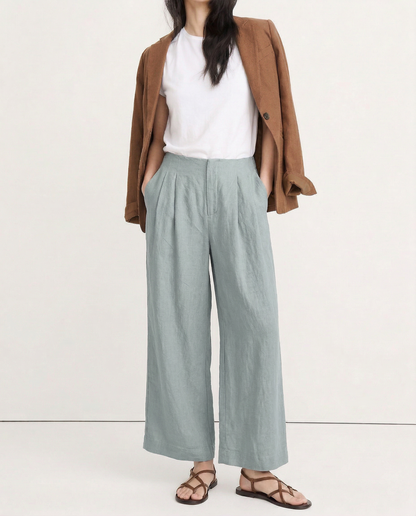 Pantalones Mujer de Lino Pierna Ancha Cintura Alta Elástica