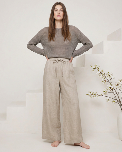 Pantalones Mujer de Lino Pierna Ancha Cintura Elástica Lazo