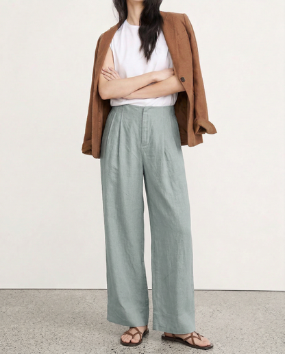Pantalones Mujer de Lino Pierna Ancha Cintura Alta Elástica