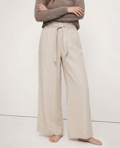 Pantalones Mujer de Lino Pierna Ancha Cintura Elástica Lazo