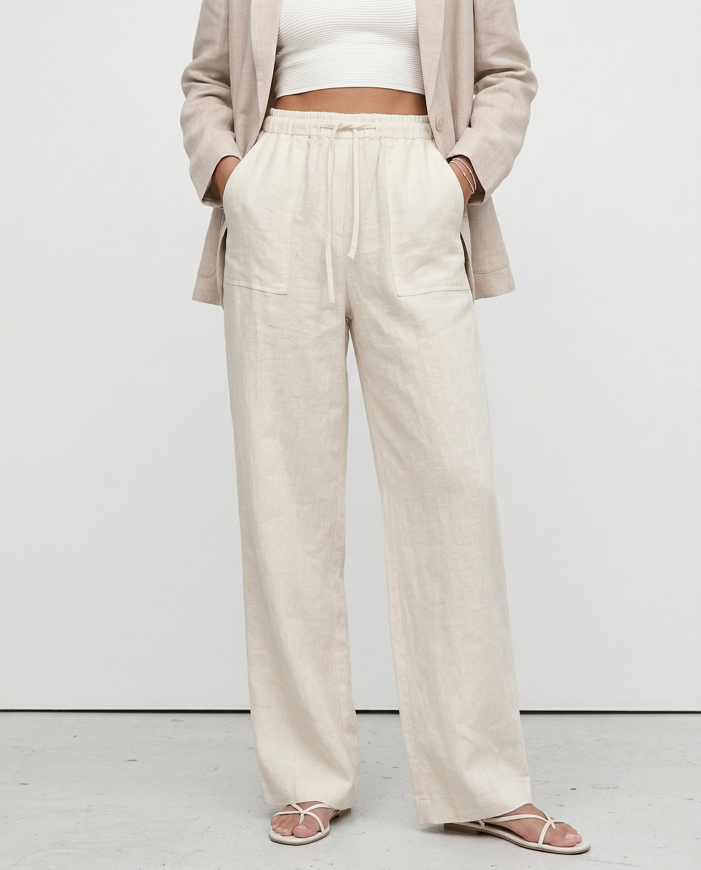 Pantalones Mujer de Lino Cordón Ajustable Bolsillos de Parche