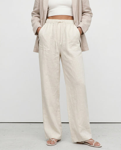 Pantalones Mujer de Lino Cordón Ajustable Bolsillos de Parche