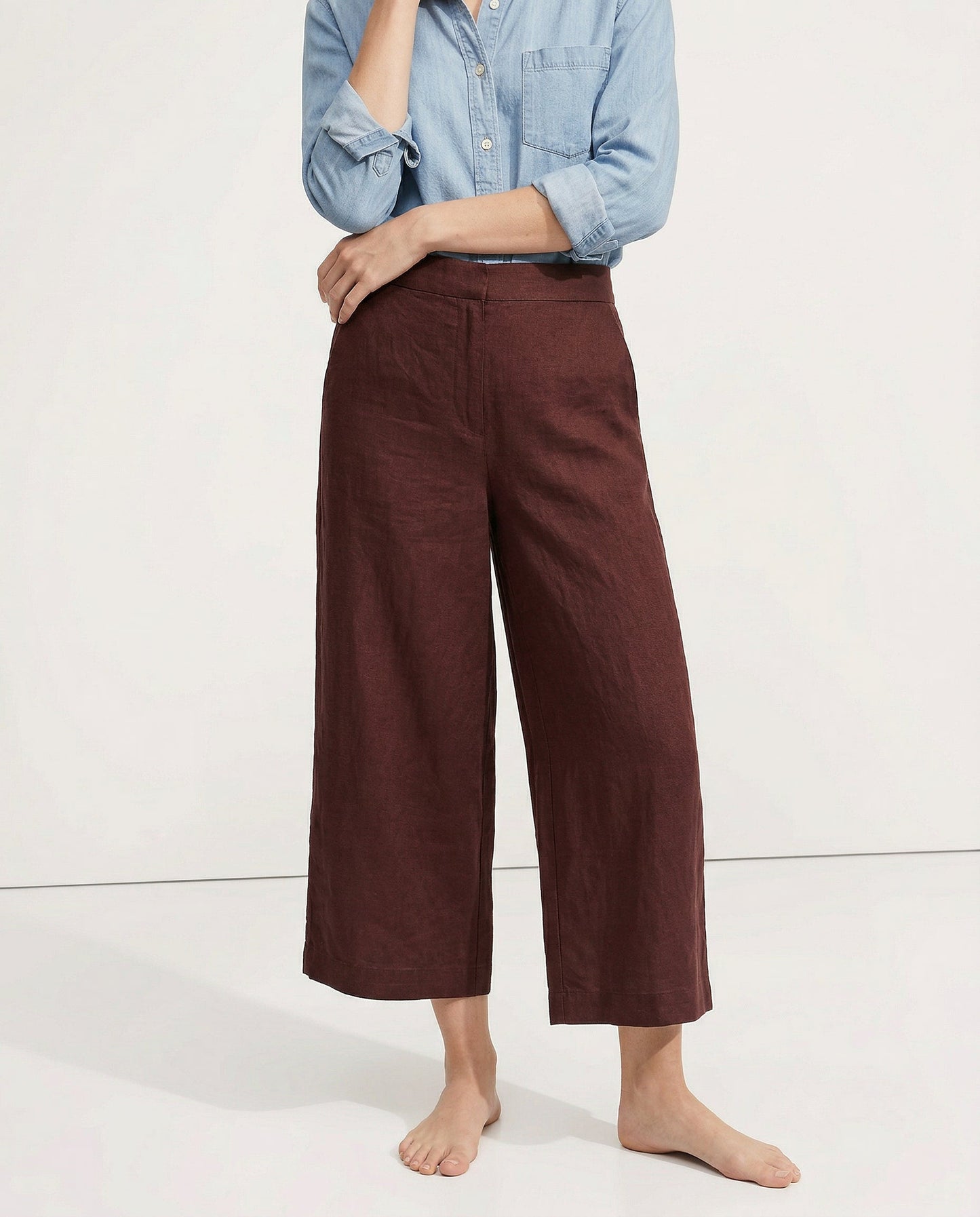 Pantalones Mujer de Lino Pierna Ancha Cintura Elástica Corte Tobillo