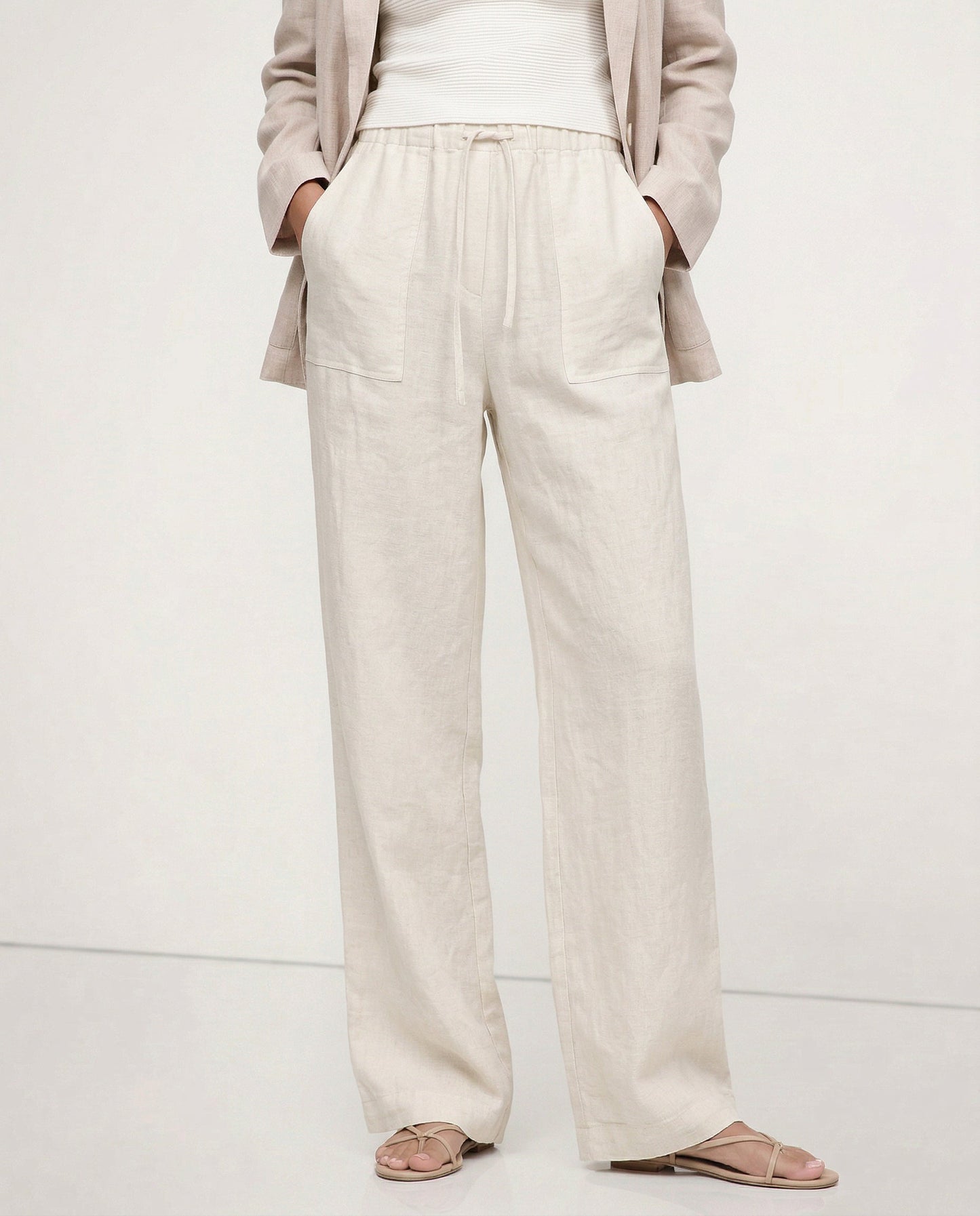 Pantalones Mujer de Lino Cordón Ajustable Bolsillos de Parche