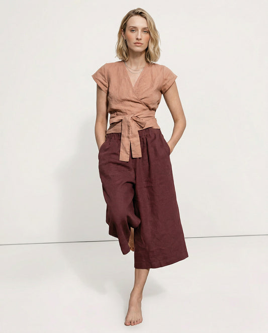 Pantalones Mujer de Lino Pierna Ancha Cintura Elástica Corte Tobillo - Mavetta