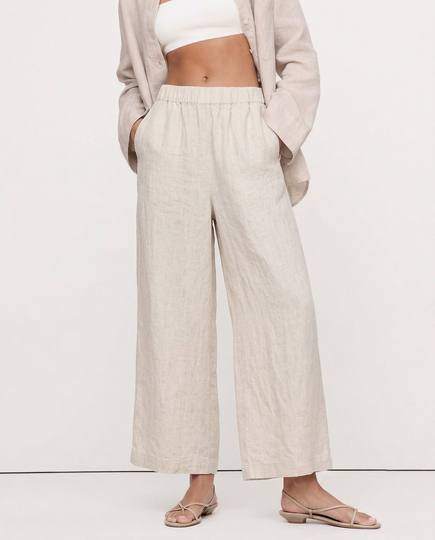 Pantalones Mujer de Lino Pierna Ancha Cintura Elástica Corte Tobillo