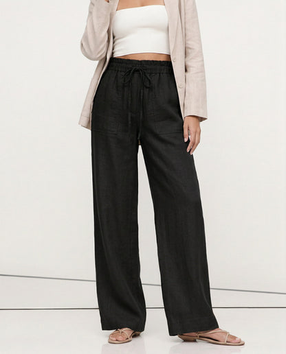 Pantalones Mujer de Lino Cordón Ajustable Bolsillos de Parche