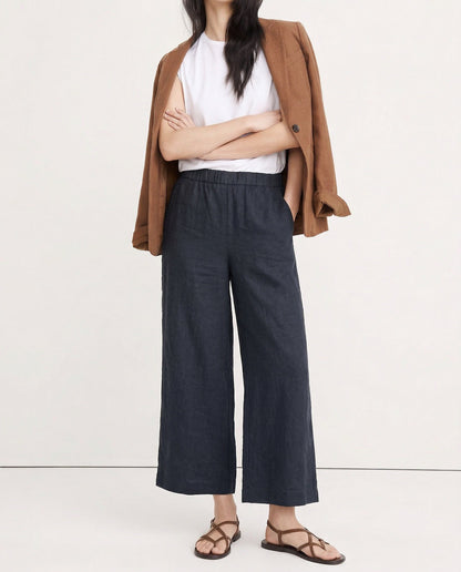Pantalones Mujer de Lino Pierna Ancha Cintura Elástica Corte Tobillo