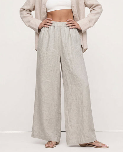 Pantalones Mujer de Lino Pierna Ancha Cintura Elástica Corte Tobillo