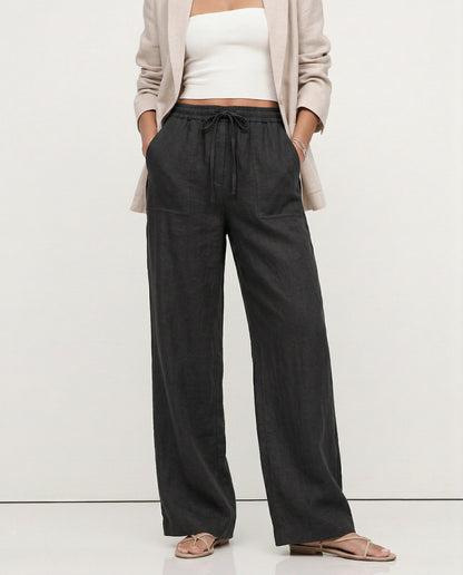 Pantalones Mujer de Lino Cordón Ajustable Bolsillos de Parche