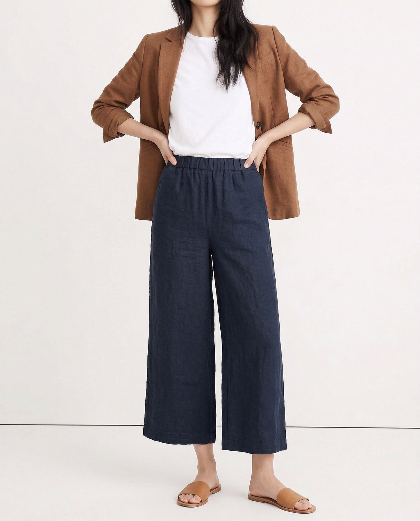 Pantalones Mujer de Lino Pierna Ancha Cintura Elástica Corte Tobillo