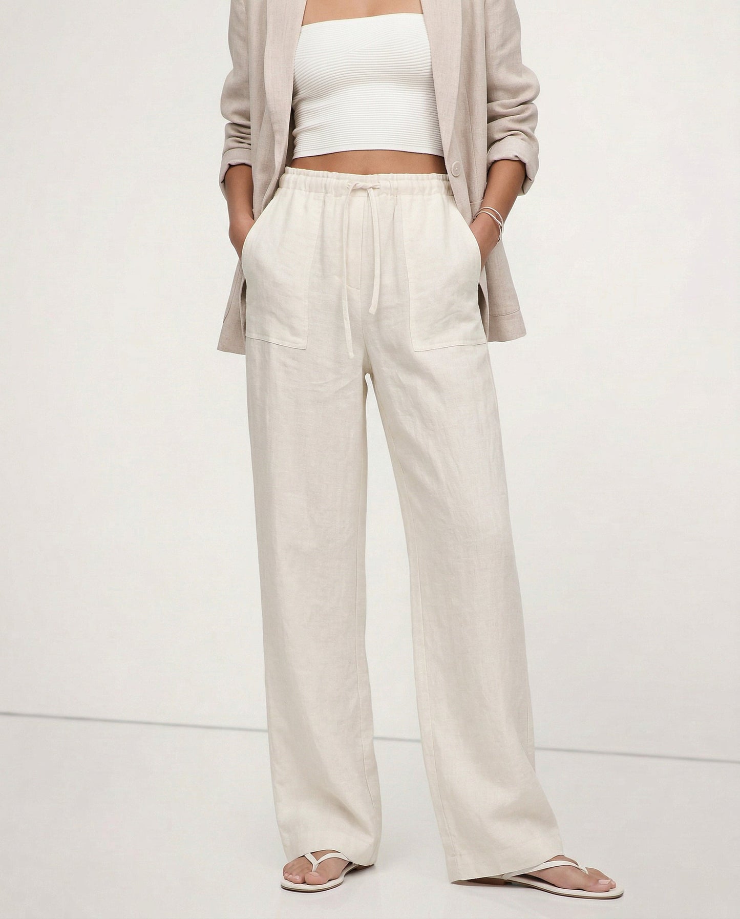 Pantalones Mujer de Lino Cordón Ajustable Bolsillos de Parche