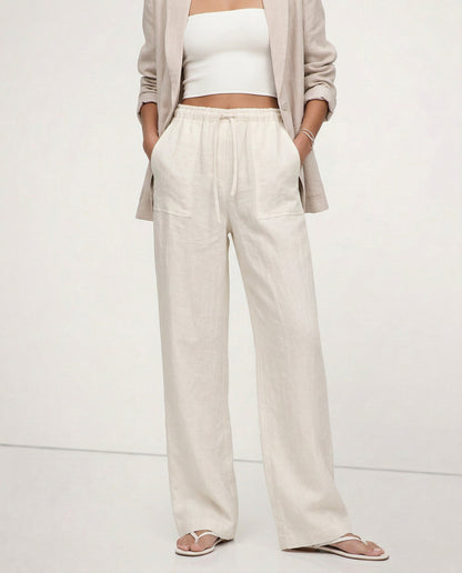 Pantalones Mujer de Lino Cordón Ajustable Bolsillos de Parche