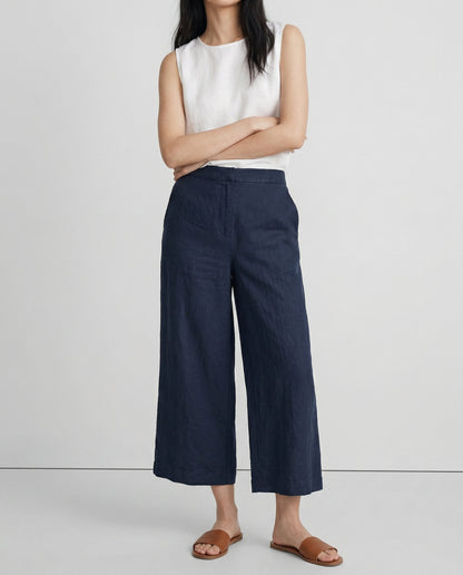 Pantalones Mujer de Lino Pierna Ancha Cintura Elástica Corte Tobillo