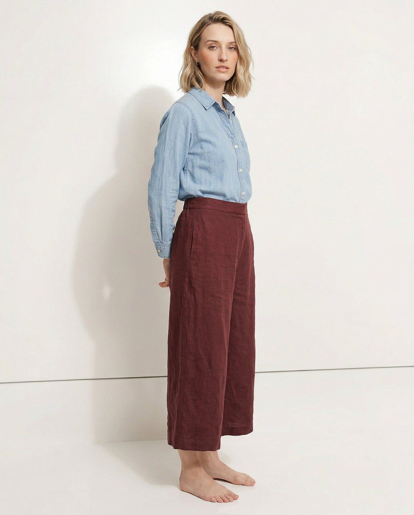 Pantalones Mujer de Lino Pierna Ancha Cintura Elástica Corte Tobillo
