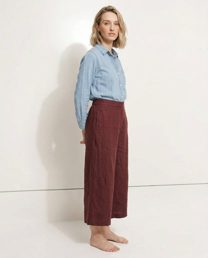 Pantalones Mujer de Lino Pierna Ancha Cintura Elástica Corte Tobillo