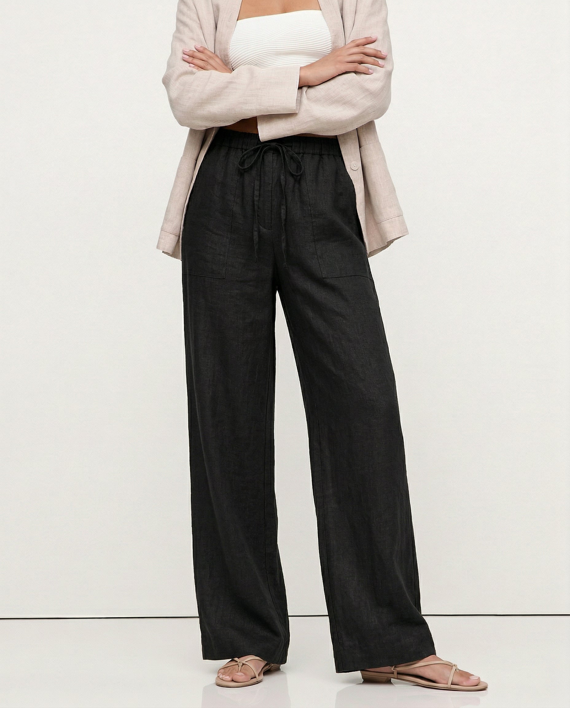 Pantalones Mujer de Lino Cordón Ajustable Bolsillos de Parche - Mavetta