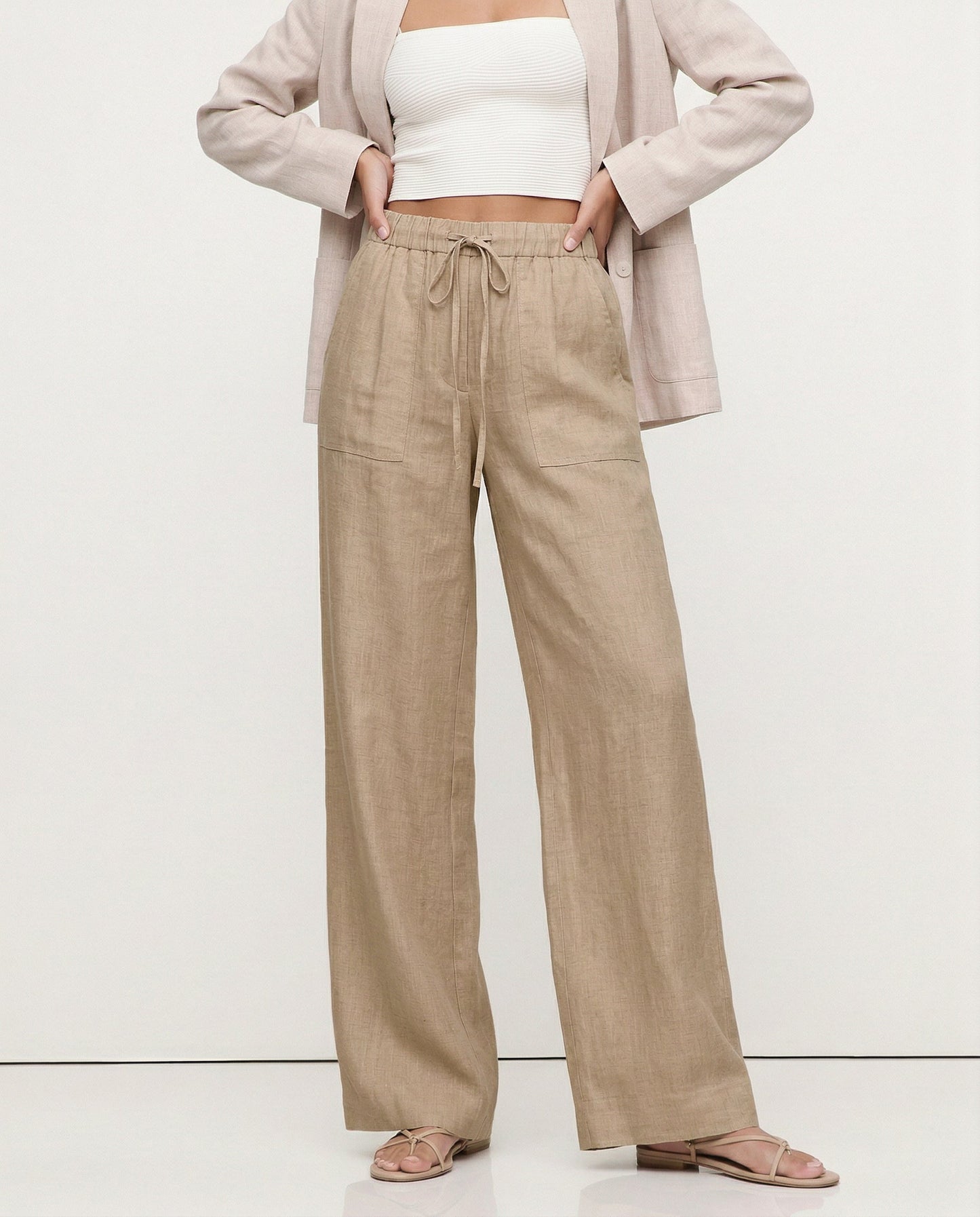 Pantalones Mujer de Lino Cordón Ajustable Bolsillos de Parche