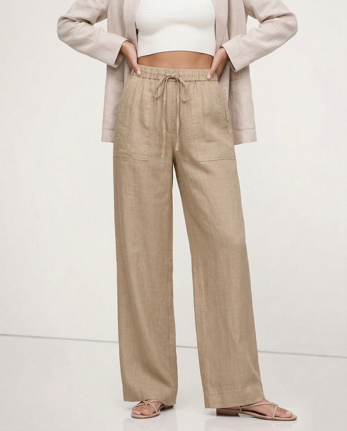 Pantalones Mujer de Lino Cordón Ajustable Bolsillos de Parche