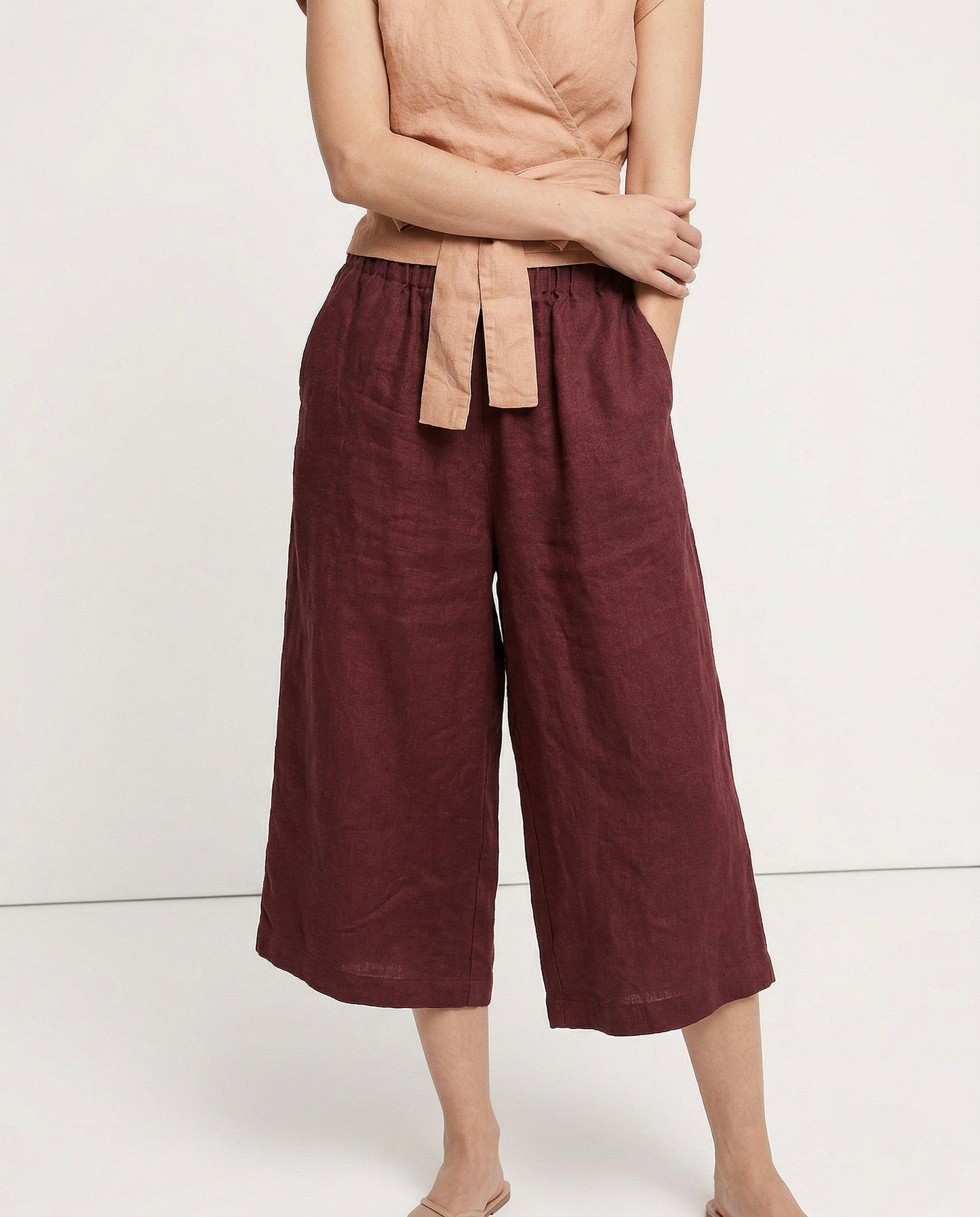 Pantalones Mujer de Lino Pierna Ancha Cintura Elástica Corte Tobillo