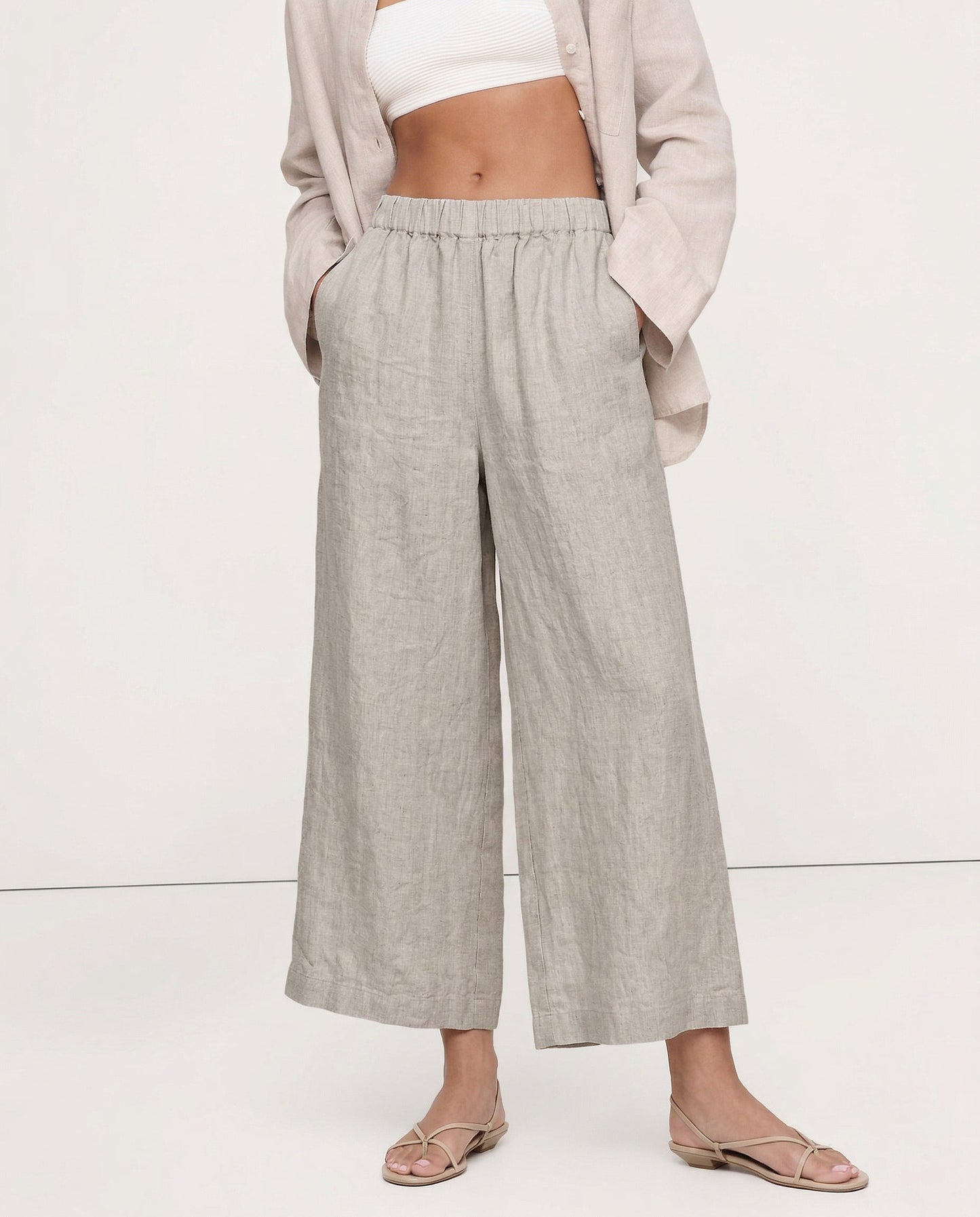 Pantalones Mujer de Lino Pierna Ancha Cintura Elástica Corte Tobillo