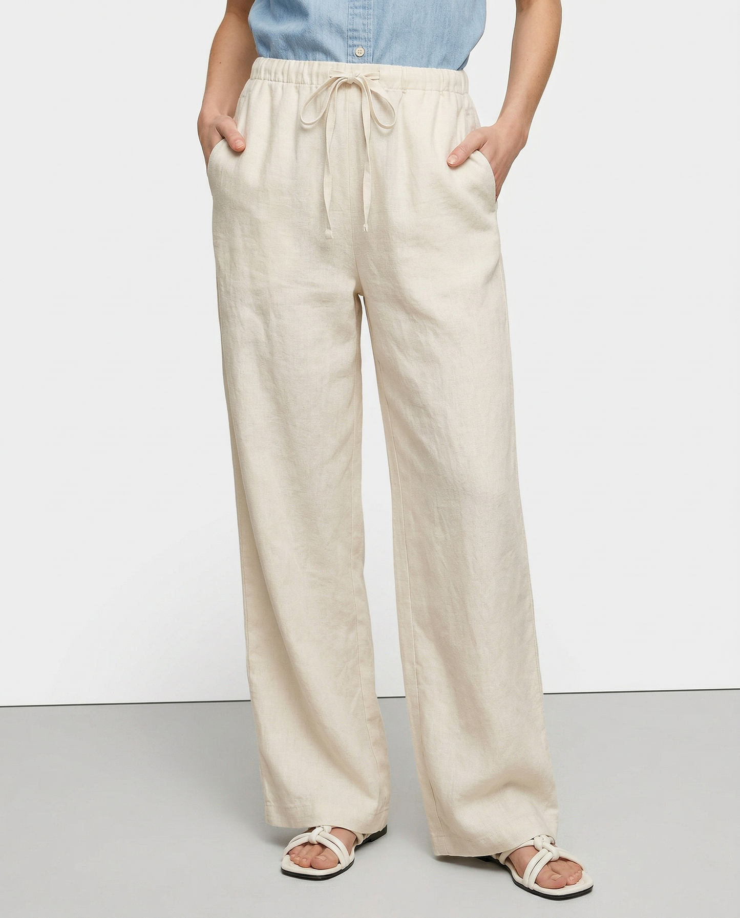 Pantalones Playa Mujer Mezcla de Lino y Algodón Pierna Ancha