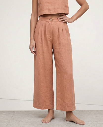 Culottes Mujer de Lino Talle Alto y Pliegues Frontales