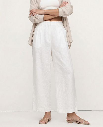 Pantalones Mujer de Lino Pierna Ancha Cintura Alta Elástica