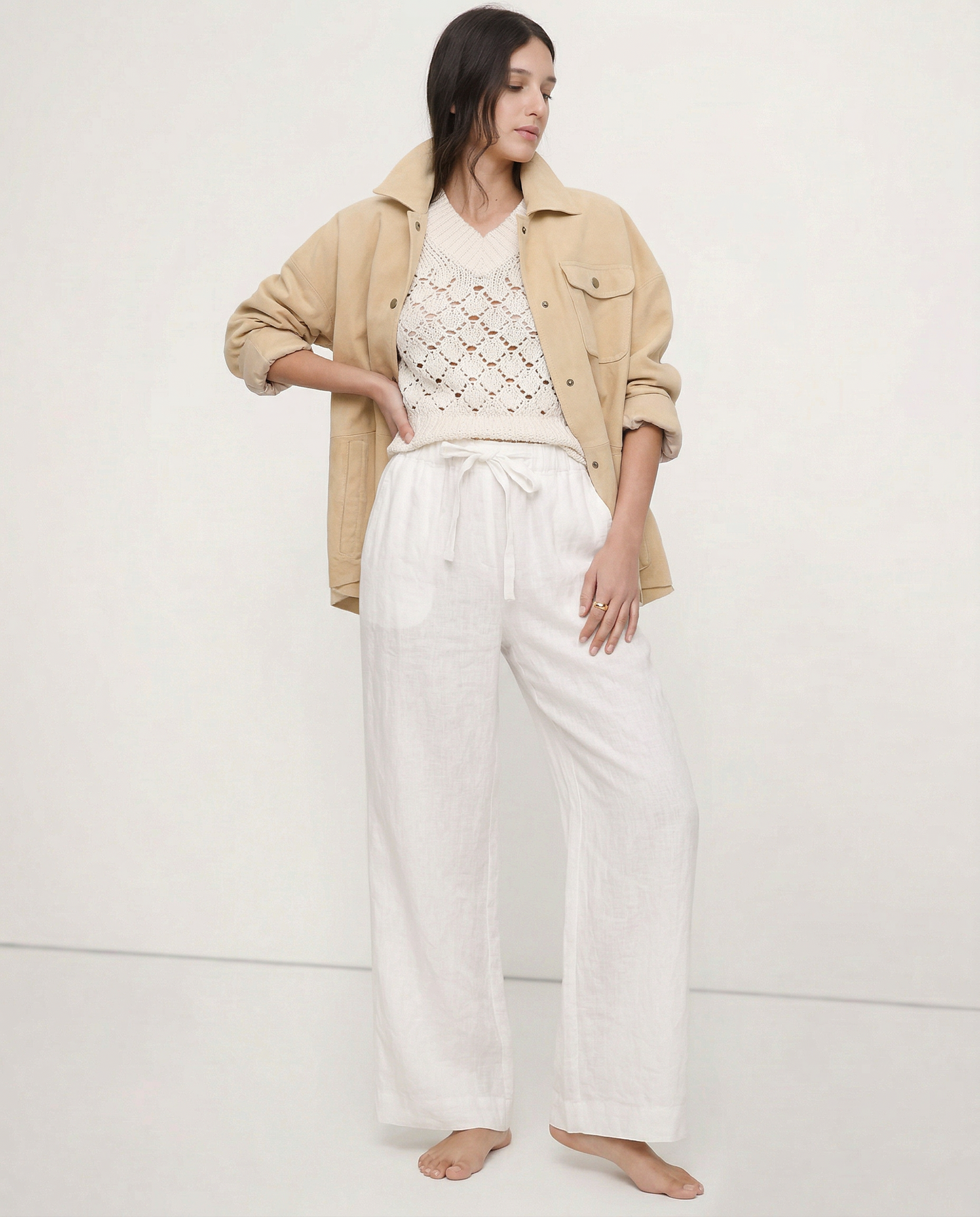 Pantalones Mujer de Lino Pierna Ancha Cintura Elástica Lazo