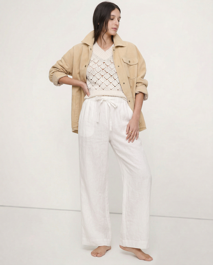 Pantalones Mujer de Lino Pierna Ancha Cintura Elástica Lazo