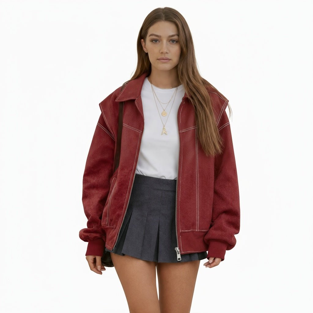 Cazadora Bomber Mujer Cuero Sintético Oversize Costuras Contrastadas - Mavetta