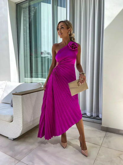 Vestido midi mujer Plisado un solo hombro