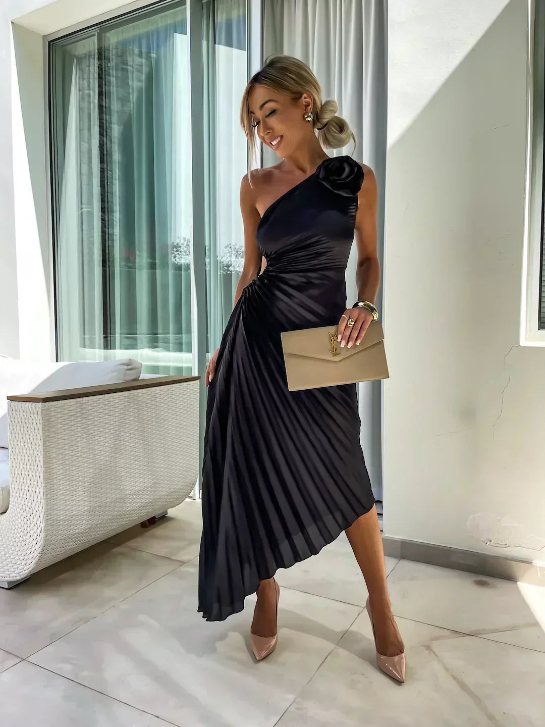Vestido midi mujer Plisado un solo hombro