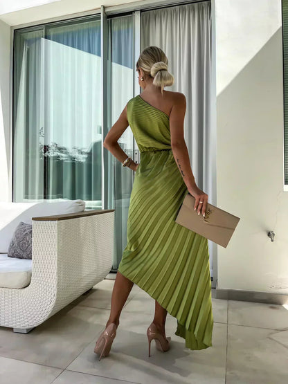 Vestido midi mujer Plisado un solo hombro