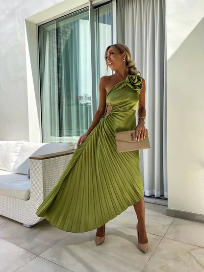 Vestido midi mujer Plisado un solo hombro - Mavetta